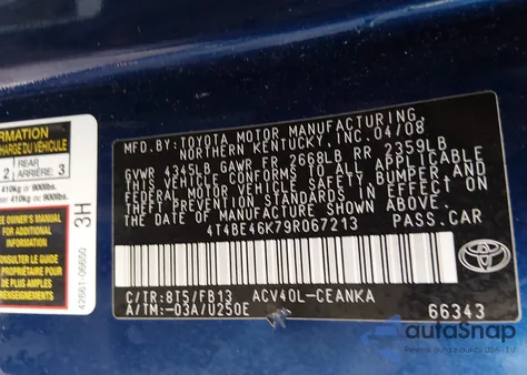2009 Toyota Camry Le from USA, damaged, VIN 4T4BE46K79R067213